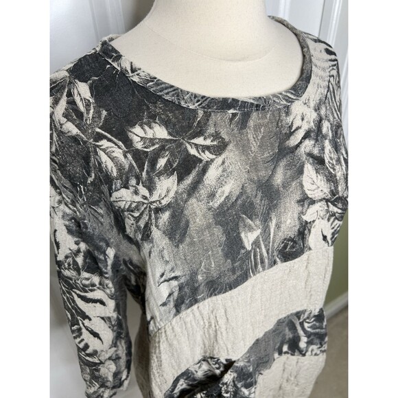 Stella Moda Italy Taupe Linen Crinkle Floral Pullover Pockets Top Lagenlook M - Picture 2 of 10